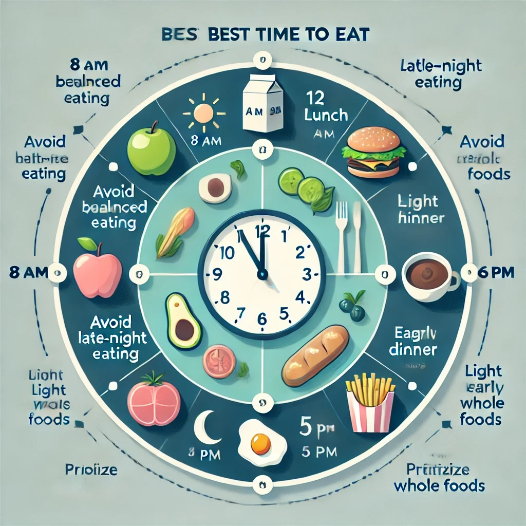 A visual guide displaying the best times to eat for weight loss, featuring a circular clock showing an optimal eating window from 8 AM to 6 PM. It includes icons for breakfast at 8 AM, lunch at 12 PM, and dinner around 5 PM. The design emphasizes meal spacing of 3-4 hours and tips such as "Avoid late-night eating" and "Prioritize whole foods," with a calming blue and green minimalist style.