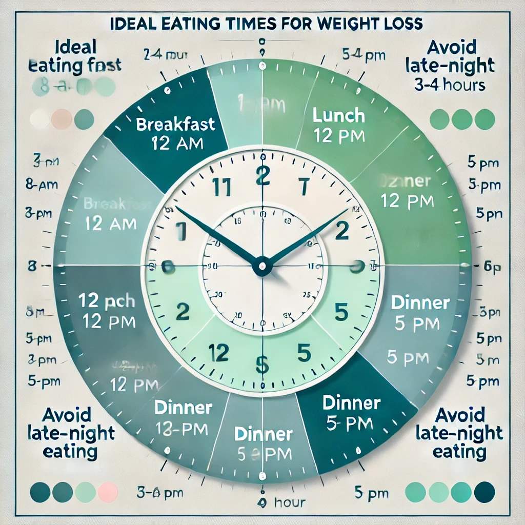 A clock graphic highlighting optimal eating times for weight loss, with times marked for breakfast at 8 AM, lunch at 12 PM, and an early dinner at 5 PM. The clock displays a 10-hour eating window from 8 AM to 6 PM, emphasizing meal spacing and avoiding late-night eating.