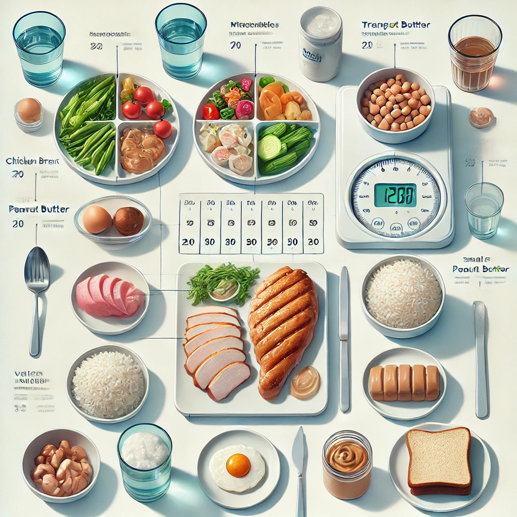 An illustration showing various food items with different portion sizes for calorie counting. Includes chicken breast, rice, vegetables, peanut butter, and bread, each labeled with calorie values.