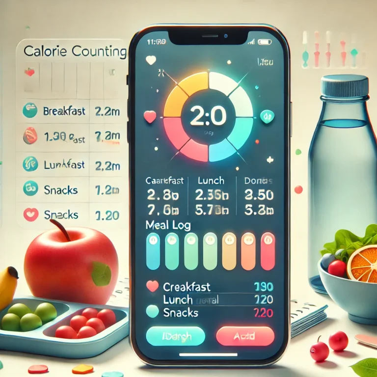 A smartphone displaying a calorie counting app interface, featuring a progress bar, meal log, and search bar for adding foods. Surrounding the phone are healthy items like an apple, a salad, and a water bottle.