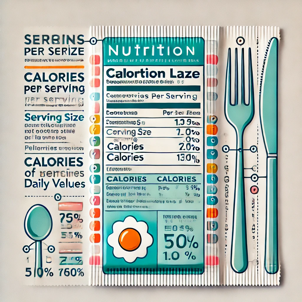 An illustration of a nutrition label with key areas highlighted, including serving size, calories per serving, and daily value percentages, accompanied by explanatory notes.