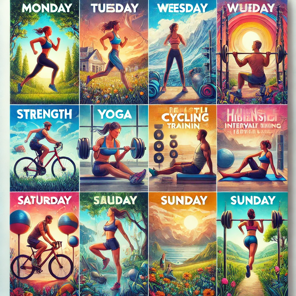 Weekly exercise routine for weight loss featuring various activities such as jogging, strength training, yoga, cycling, HIIT, hiking, and rest