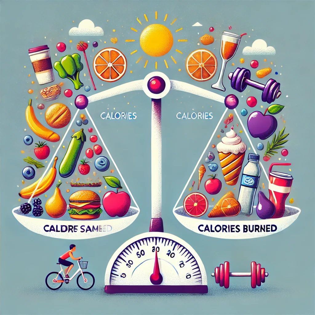 An illustration of a scale balancing calories consumed (foods like vegetables and fruits) with calories burned (activities like running and cycling) to symbolize weight management