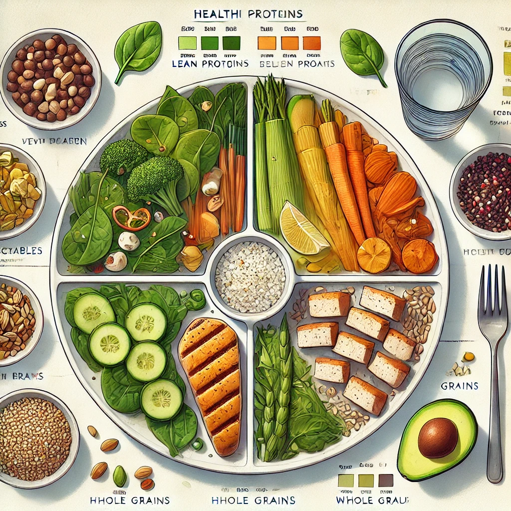 An illustration of a healthy balanced meal plan with a plate divided into vegetables, lean proteins, and whole grains, alongside healthy fats and water