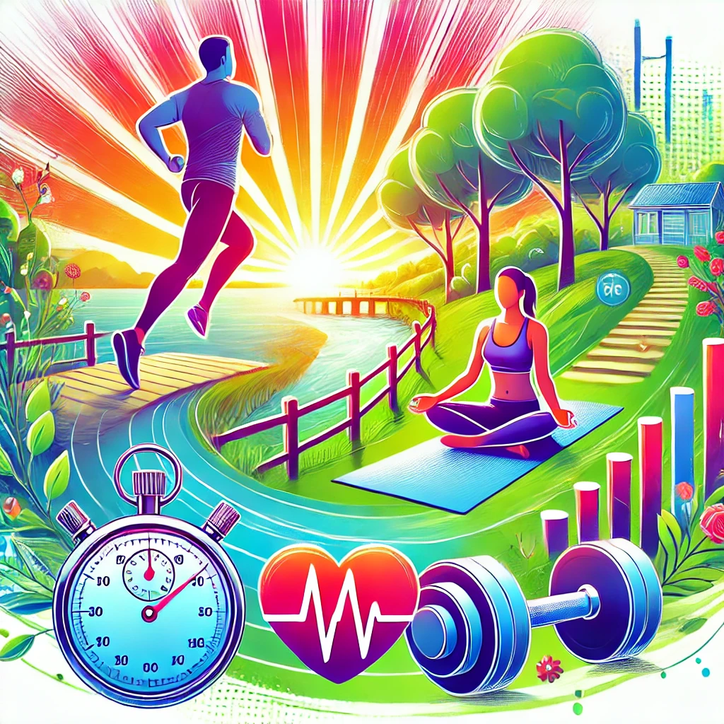 A vibrant illustration showcasing regular exercise as part of weight maintenance, with scenes of jogging, stretching, and weightlifting.