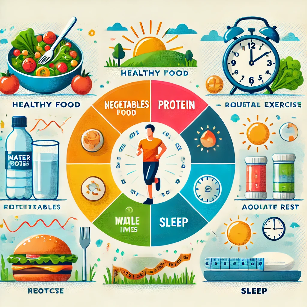 An infographic displaying habits to maintain weight loss, including balanced meals, hydration, exercise, meal timing, and adequate sleep.