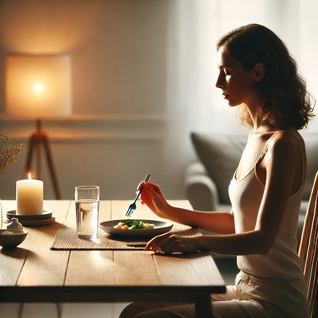 A person sitting at a neatly set dining table, practicing mindful eating by focusing on a small portion of food on their fork. The scene is peaceful and highlights a calm atmosphere.