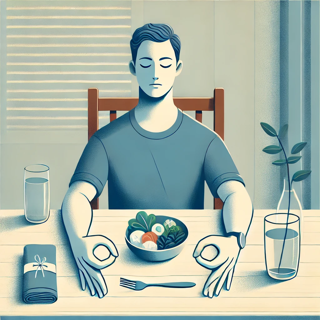 A calm dining scene with a person using mindfulness techniques while eating, pausing between bites, and focusing on a small plate of healthy food.