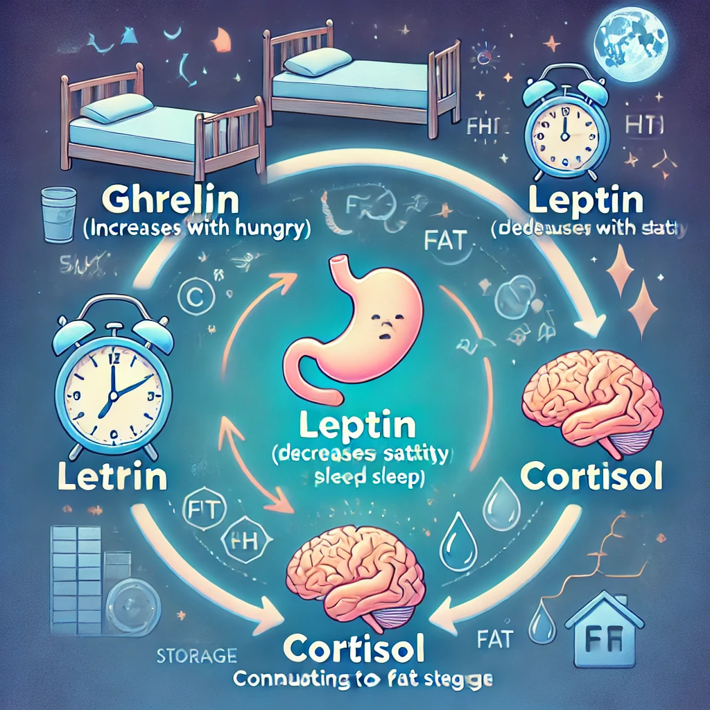 An infographic depicting the effects of ghrelin, leptin, and cortisol on weight loss, with a background representing sleep and health connections.