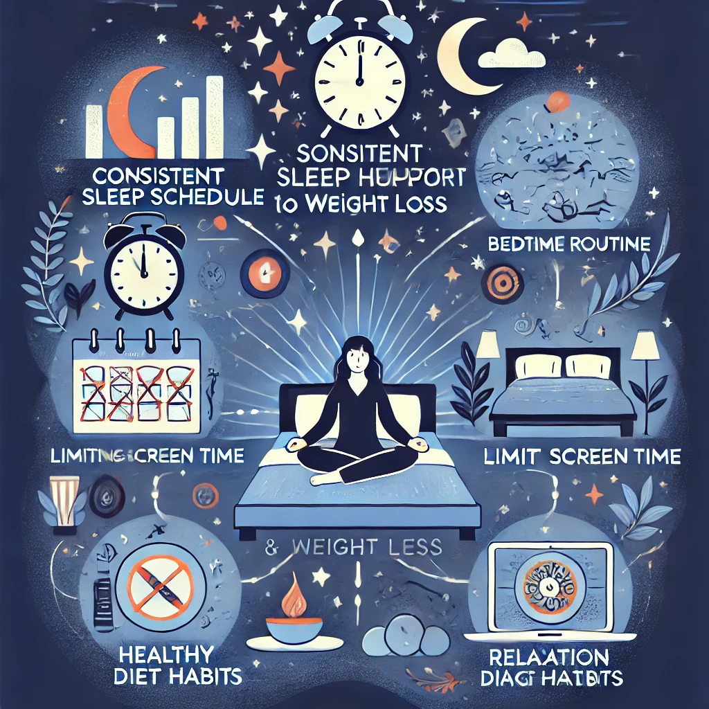 An infographic showing five sleep health tips to support weight loss, set against a calming nighttime background.