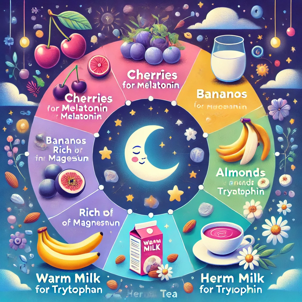 An infographic depicting foods like cherries, bananas, almonds, warm milk, and herbal tea, promoting better sleep for weight management.