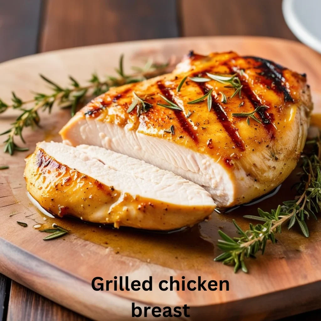 A grilled chicken breast with light seasoning, one piece sliced to reveal the juicy interior, served on a simple plate.