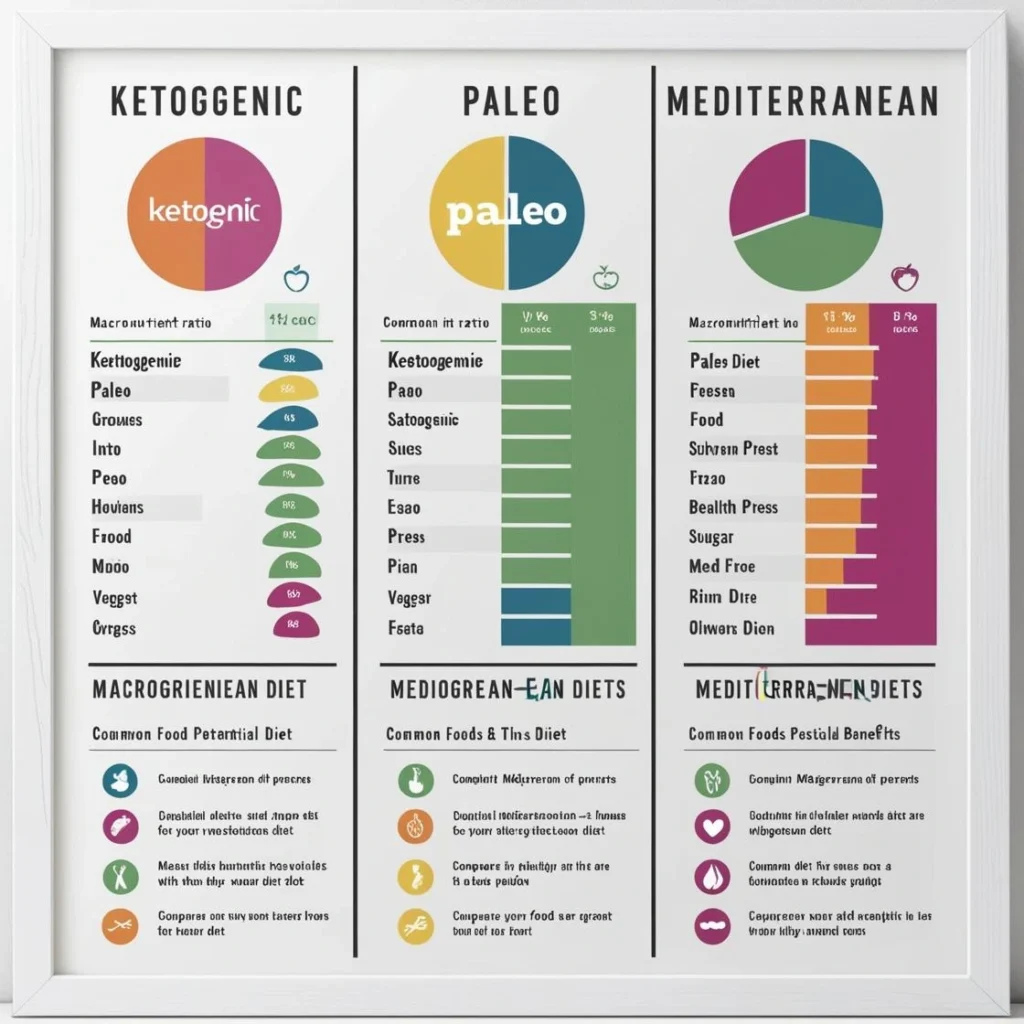 A photo comparison chart of the keto, paleo, and Mediterranean diets, showcasing common foods and differences in each dietary approach."