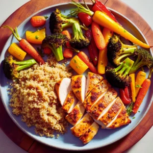 A white tray with grilled chicken, steamed carrots, and broccoli.