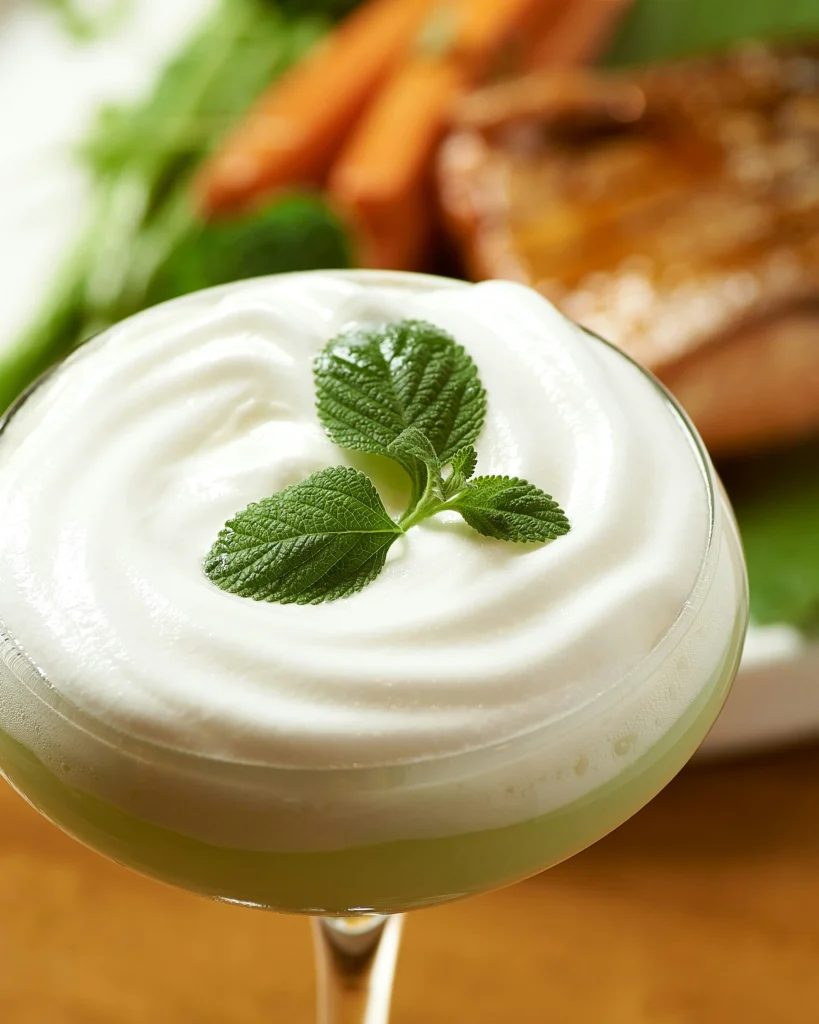 A bowl of Greek yogurt topped with a fresh mint leaf.