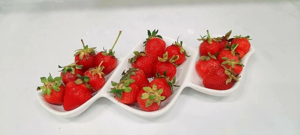 Fresh strawberries neatly arranged in a three-part white porcelain dish, showcasing their vibrant red color and freshness