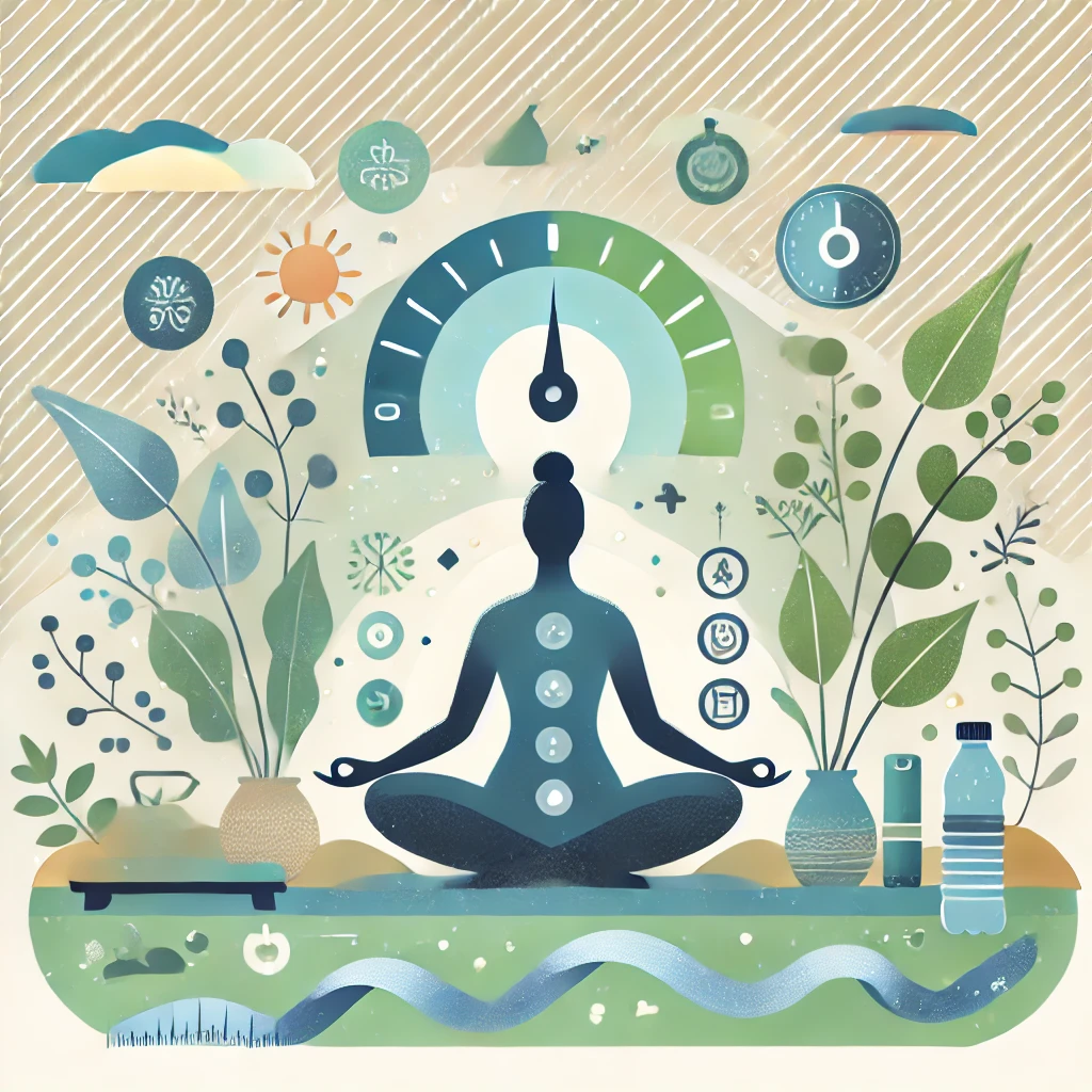 A serene illustration depicting stress reduction techniques for weight loss. A person is seated in a meditative posture on a yoga mat, practicing deep breathing in a calming environment with soft green plants and a water bottle nearby. Gentle air swirls symbolize deep breathing, accompanied by icons of a balanced scale and healthy foods.