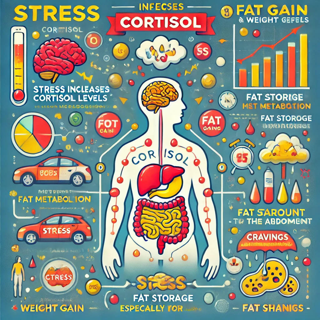 An infographic explaining the effects of cortisol on weight gain and stress. It illustrates how stress increases cortisol, leading to fat storage, particularly in the abdominal area, along with metabolism disruption and increased cravings for unhealthy foods. Includes visuals such as a stressed brain, cortisol molecule, and growing fat cells.