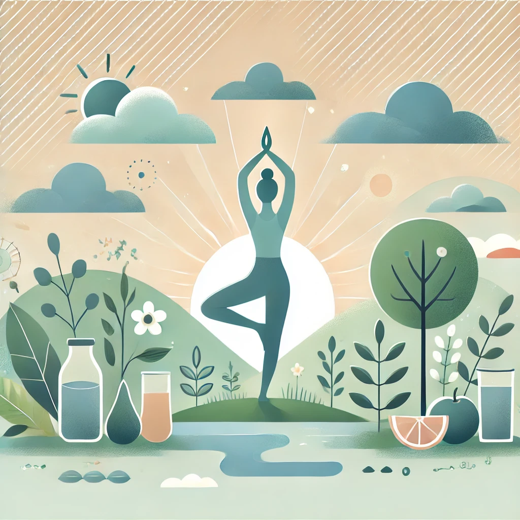 A serene illustration of a person practicing yoga in a tranquil outdoor setting, such as a garden or by a lake. They are performing the tree pose, symbolizing focus and balance. Surrounding elements include soft clouds, a gentle breeze, fresh fruits, and water, representing stress relief and healthy living.