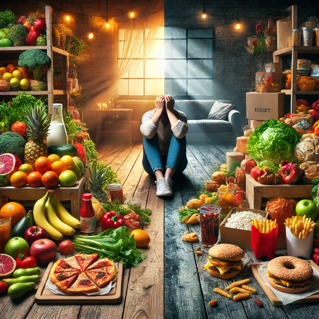 Split-screen image showing healthy foods like fresh produce and whole grains on one side and stress-induced convenience foods like burgers and fries on the other, with a stressed individual in the middle