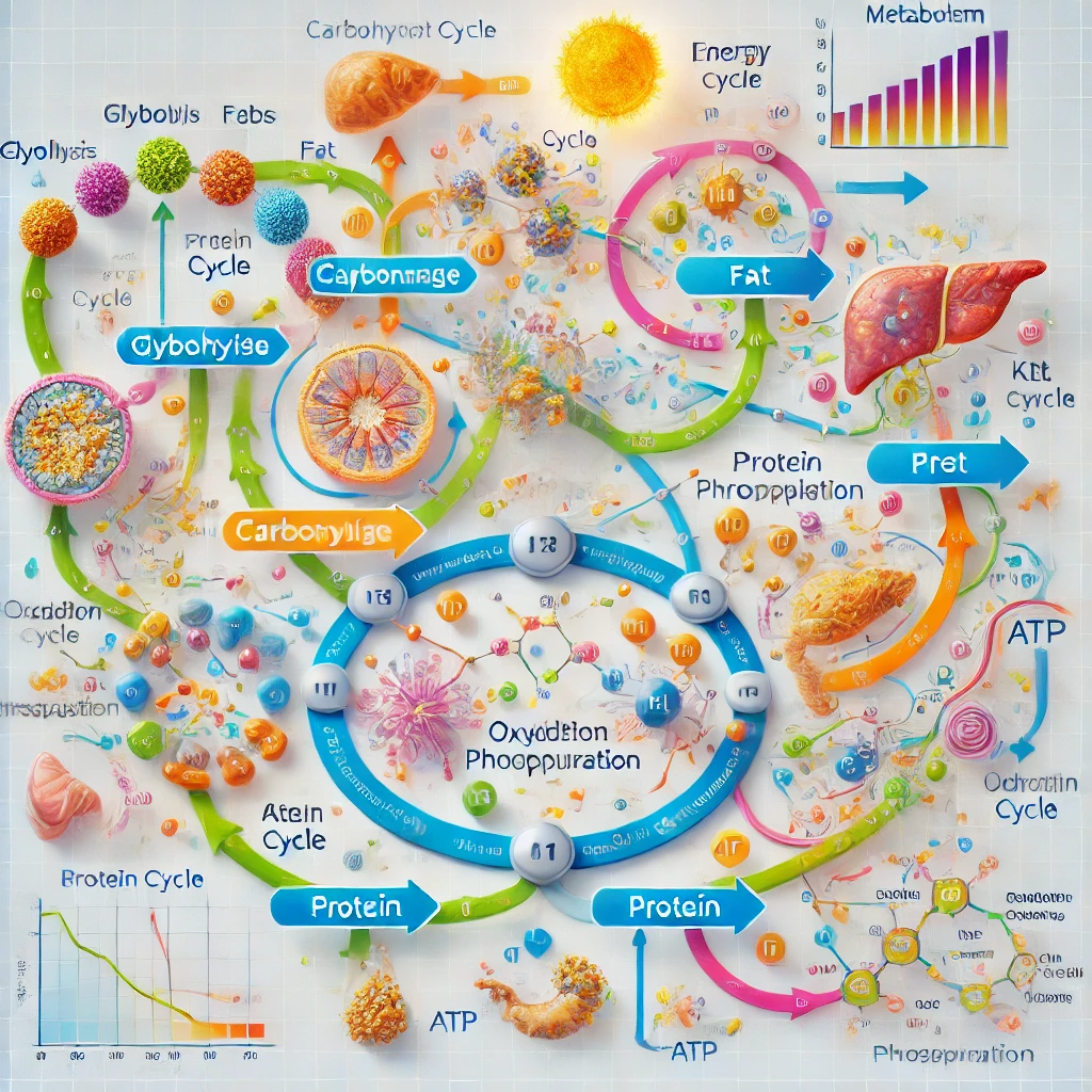 A diagram of human metabolism showing pathways for carbohydrate, fat, and protein metabolism with key processes like glycolysis, the Krebs cycle, and oxidative phosphorylation labeled, all interconnected by arrows indicating energy flow.