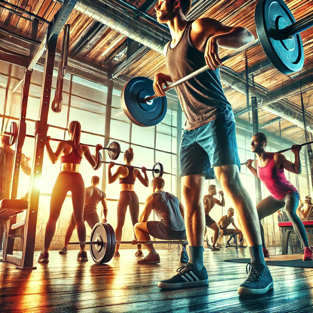 A gym scene showing individuals performing strength training exercises like deadlifts and squats, emphasizing muscle engagement and calorie burning.