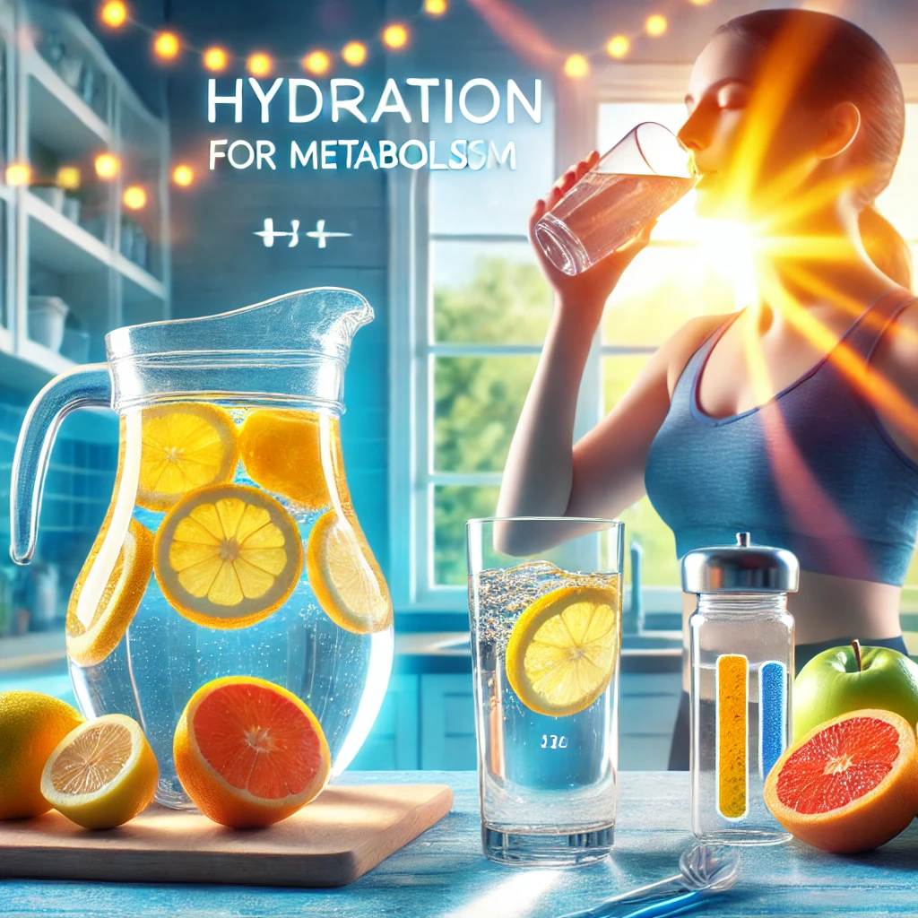 A person drinking water from a glass, with a pitcher of water and lemon slices on a kitchen counter, emphasizing hydration for metabolism.