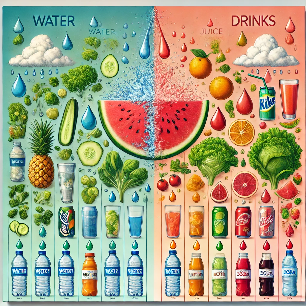 An infographic comparing water intake from food and drinks, featuring hydrating foods like cucumbers, watermelon, and oranges on the left, labeled with 20-30%, and drinks like water and herbal tea on the right, labeled with 70-80%.