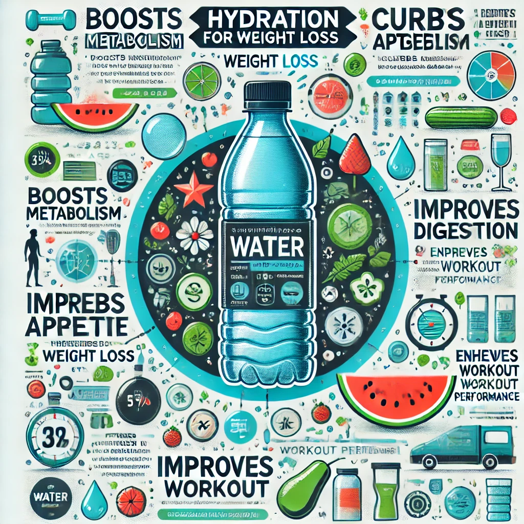 Infographic illustrating the importance of hydration for weight loss, featuring a water bottle at the center with benefits labeled around it, surrounded by hydrating foods like watermelon, cucumber, and strawberries, along with fitness and digestion icons