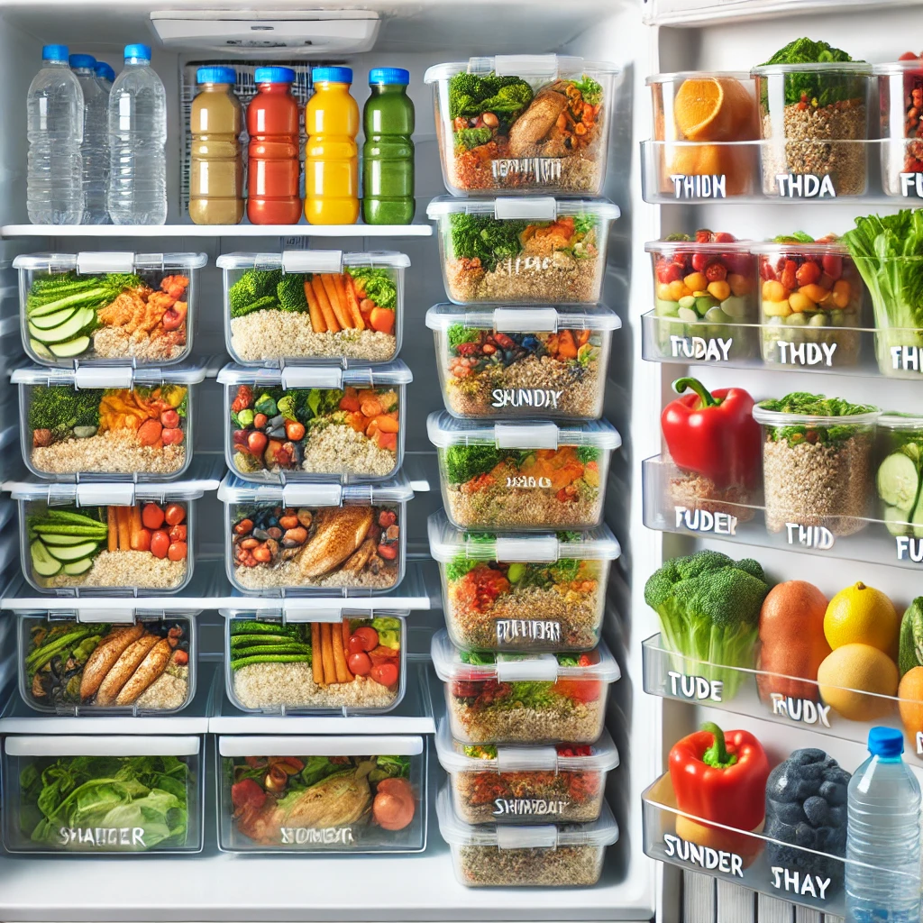 An organized refrigerator with neatly stacked containers of prepared meals, labeled by days, along with other healthy items like water bottles and fresh produce.