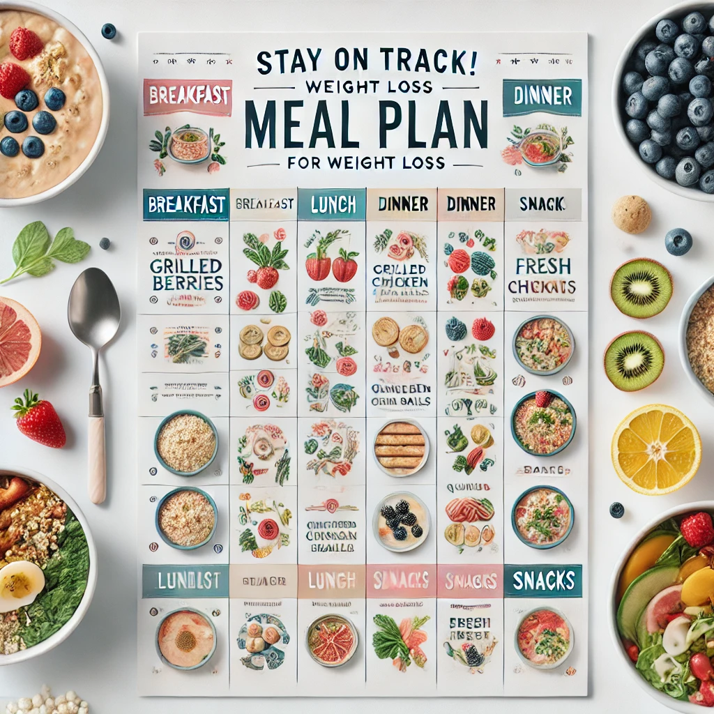 A colorful and organized weekly meal plan template for weight loss with sections for breakfast, lunch, dinner, and snacks, featuring healthy meal suggestions and motivational elements.