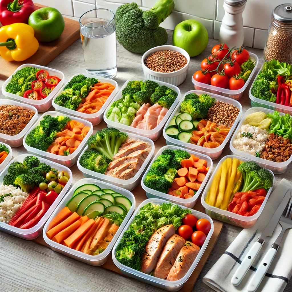 A selection of meal prep containers filled with healthy meals, including grilled chicken, steamed vegetables, and quinoa, placed on a wooden countertop with utensils and fresh produce nearby.