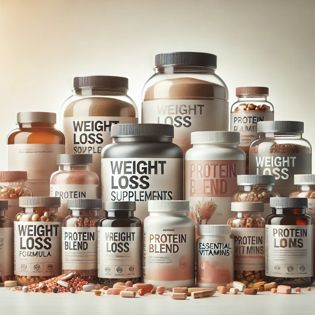 A selection of weight loss supplements, including protein powders, vitamins, and capsules, arranged on a clean, light background, highlighting health and wellness.