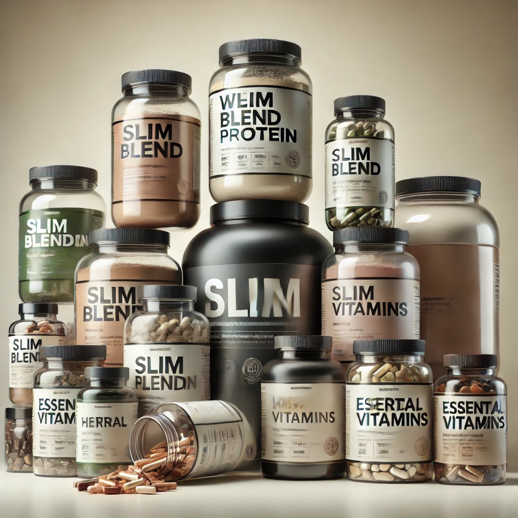 A neatly arranged display of weight loss supplements including protein powders, vitamin bottles, herbal containers, and capsules, set against a neutral, modern background.