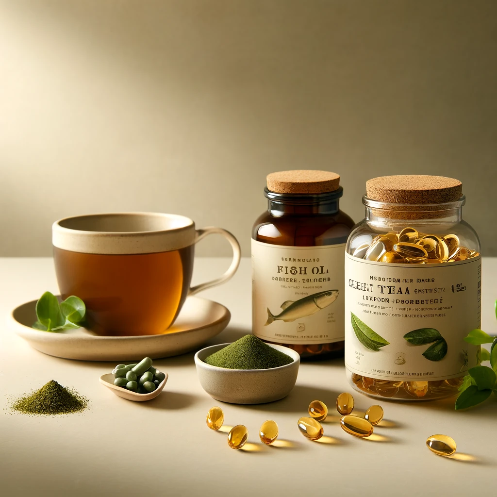 Natural weight loss supplements including fish oil capsules, a cup of green tea with loose leaves, and a jar of green tea extract powder, displayed on a clean, neutral background.