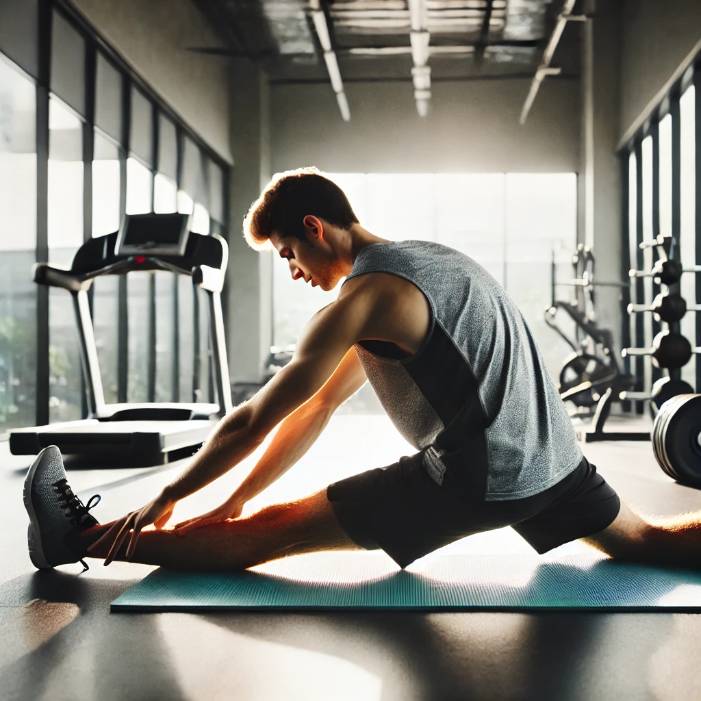 A person stretching after a workout in a bright gym, sitting on a yoga mat while performing a hamstring stretch, with one leg extended and the other bent. Gym equipment is visible in the background, and sunlight streams through large windows.