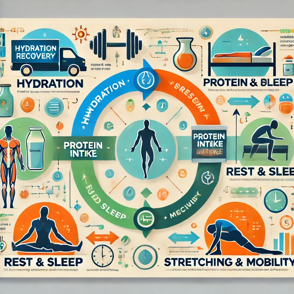 An infographic illustrating the muscle recovery process after exercise, featuring sections on hydration, protein intake, rest and sleep, and stretching, with vibrant icons and clear typography.