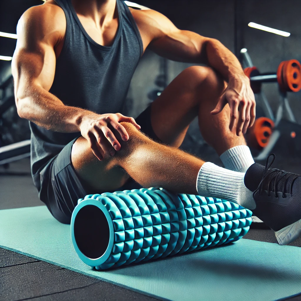 A person using a foam roller on their thigh for muscle recovery, positioned on a yoga mat in a gym setting, with fitness equipment visible in the background.