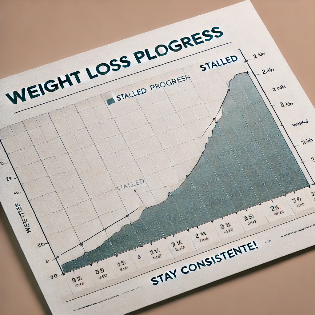 A weight loss graph showing progress stalling after an initial decline, with axes labeled 'Weight (lbs)' and 'Weeks', and the plateau section highlighted.