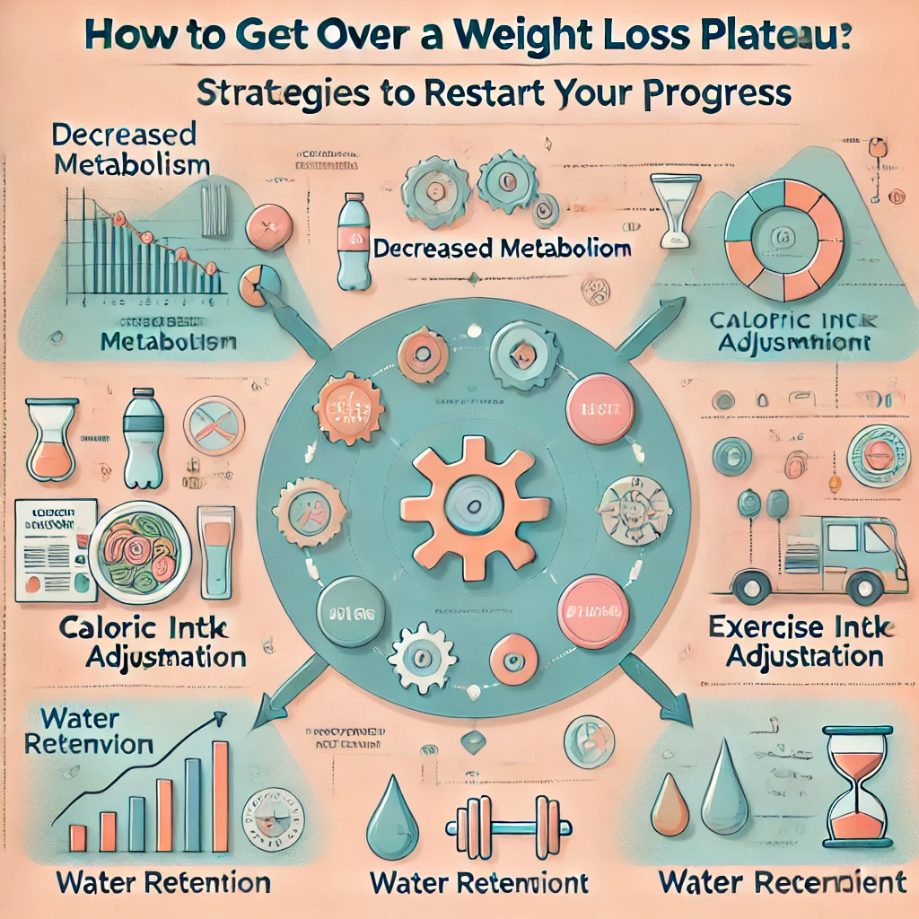 Infographic explaining reasons for weight loss plateaus with icons representing decreased metabolism, caloric intake adjustment, exercise routine adaptation, and water retention.