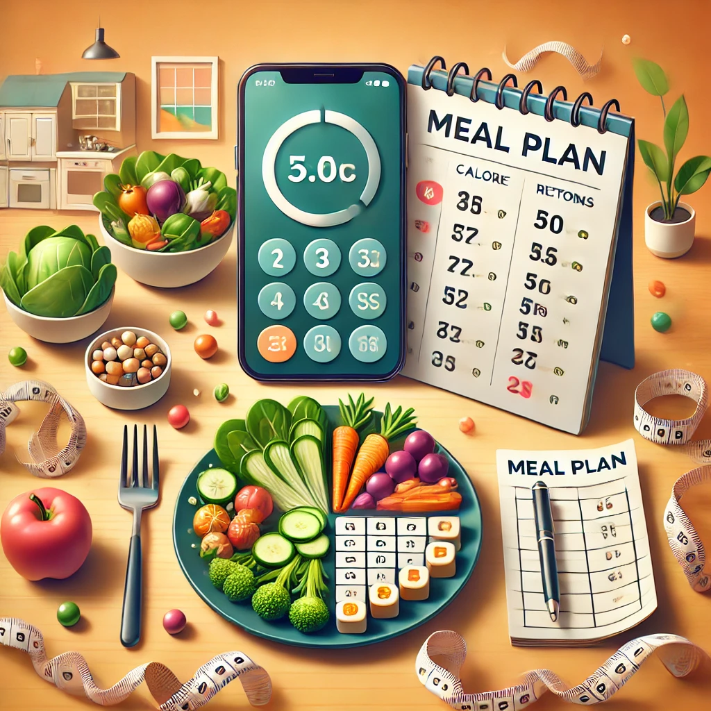 A balanced meal plate with vegetables, proteins, and healthy fats alongside a smartphone displaying a calorie counter app, and a notepad labeled 'Meal Plan' in a cozy kitchen setting.