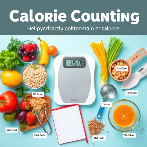 A plate of healthy food with calorie labels on each item
