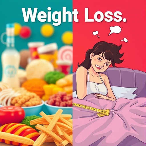 A young woman about to wake up feeling bored, and on the other side of the image are tempting treats like fried apples and snacks.