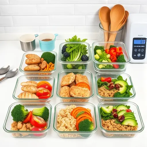 The scene shows a kitchen counter with various colorful pre-prepared healthy meals in clear containers. Each container has a balanced meal, featuring grilled chicken, quinoa, steamed broccoli, and fresh salads with vibrant vegetables. Include measuring cups, a digital kitchen scale, and fresh ingredients like vegetables and herbs in the background