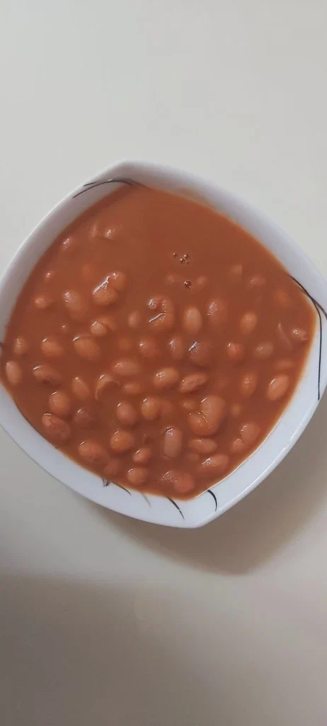 Persian-style pinto bean stew (Lubia Chiti) served hot in a white square bowl